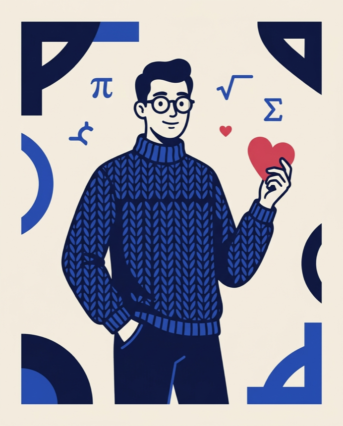 Illustration: a nerdy guy with round glasses and a knit sweater holding a red heart, surrounded by floating math symbols