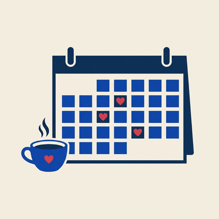 Illustration: a calendar with dates marked by small hearts, next to a coffee cup